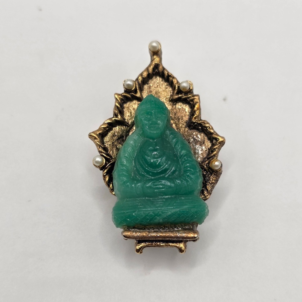 Ambassador Vintage Buddha Brooch Green Faux Jade Gold Tone Faux Pearl Pin